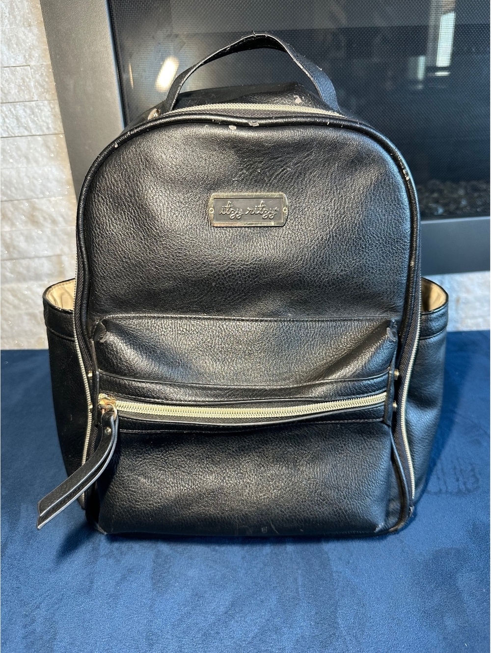 Itzy Ritzy Black Faux Leather Diaper Bag Backpack Gold Hardware